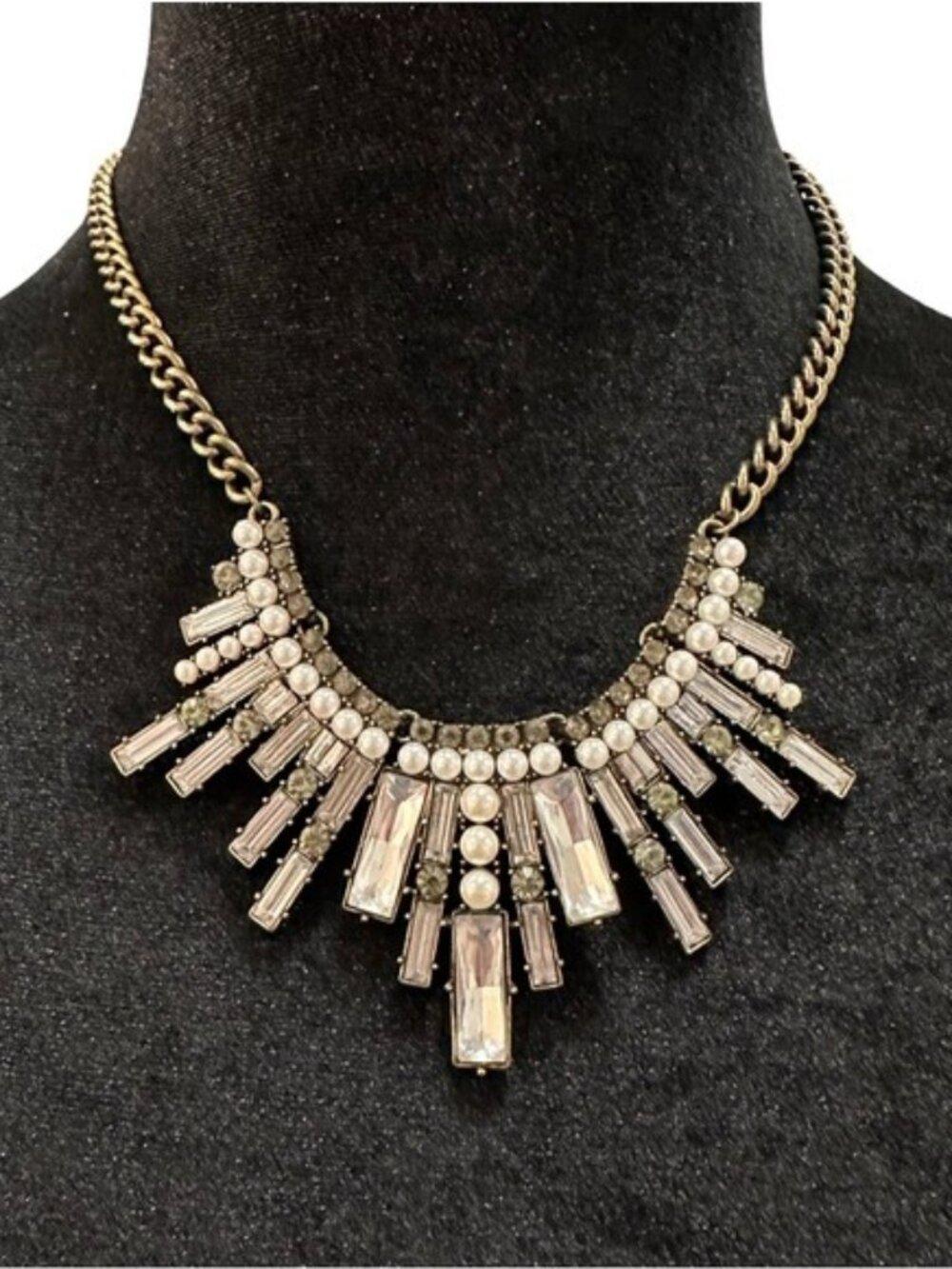 Antique Gold-Tone Statement Necklace With Clear Rhinestones & Adjustable Chain